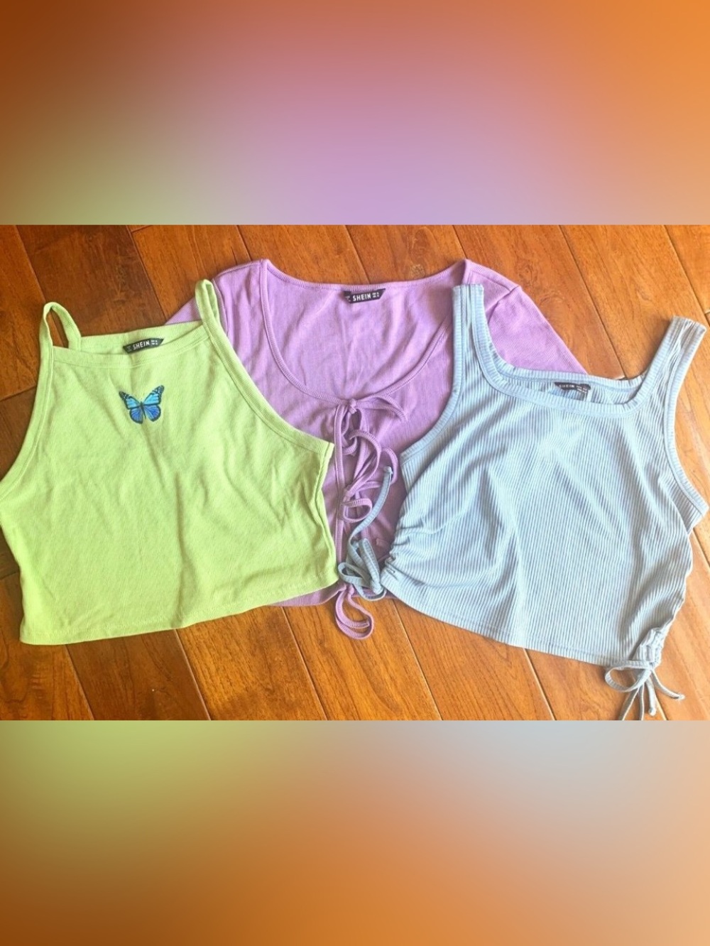 SHEIN 3 ribbed crop tops XL (12/14) lot - green butterfly, blue lavender bundle